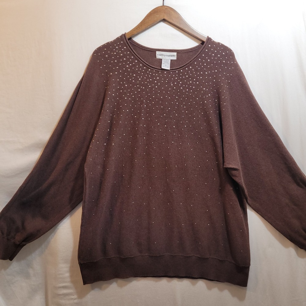 Cathy Daniels Brown Cotton Knit Sweater Womens 1X Pullover Studs Long Sleeves